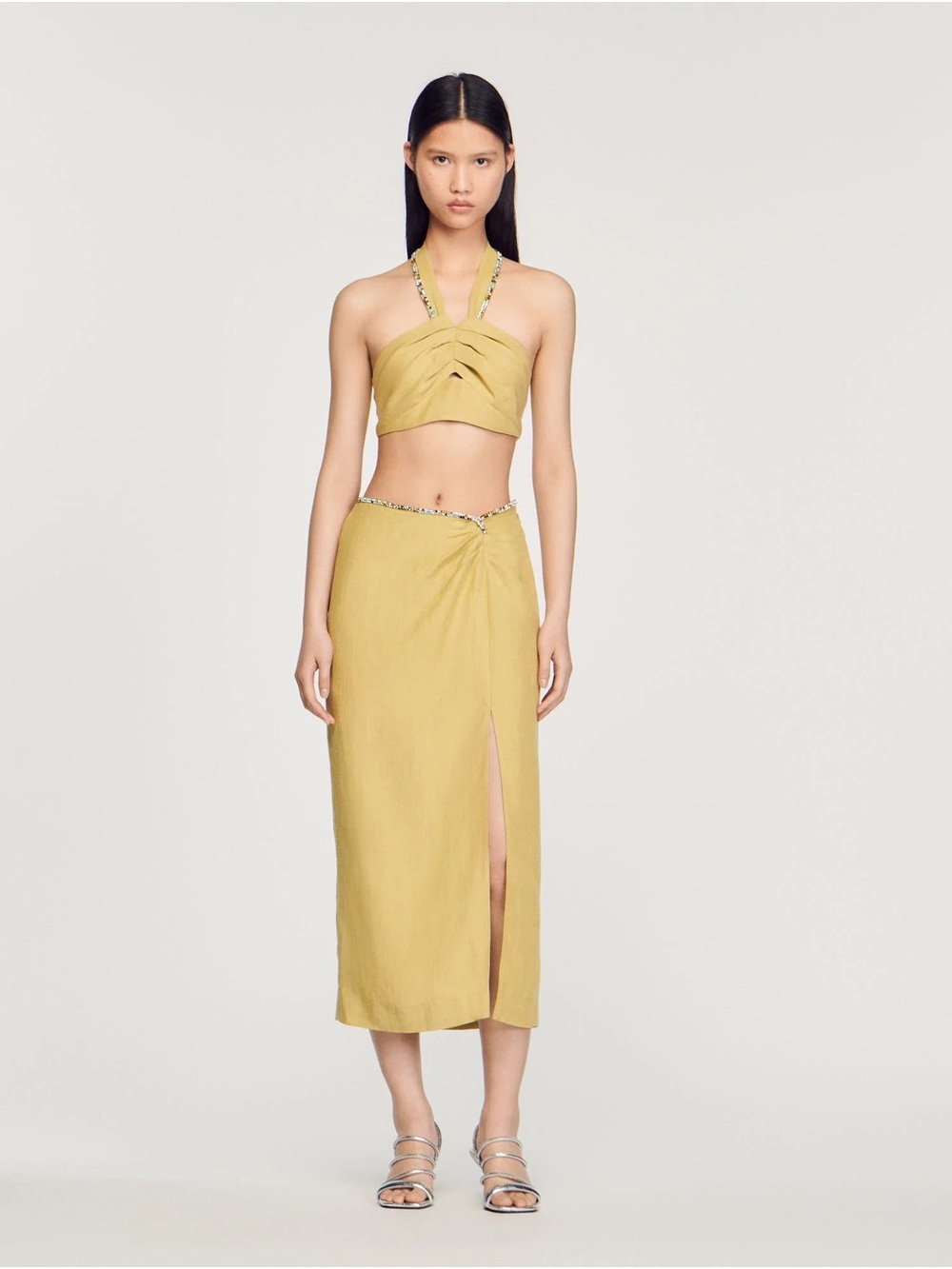 Sandro Crop Halter Top and Skirt With A Slit Rhinestones Set Size 38 BRAND NEW